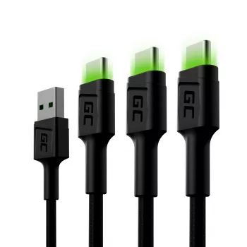 Green Cell Ray KABGCSET02 σετ καλωδίων USB-A σε USB-C (3 τεμ.), 1,2 m, 480 Mbps, πράσινος φωτισμός LED
