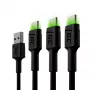 Green Cell Ray KABGCSET02 σετ καλωδίων USB-A σε USB-C (3 τεμ.), 1,2 m, 480 Mbps, πράσινος φωτισμός LED