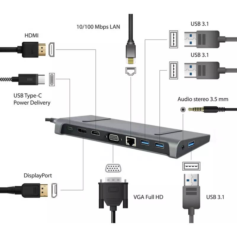 Laptop Dock Gembird A-CM-COMBO9-02 USB 3.2 Gen 1 Type-C, HDMI, VGA, 3×USB-A, Gigabit Ethernet, 87W PD, Γκρι
