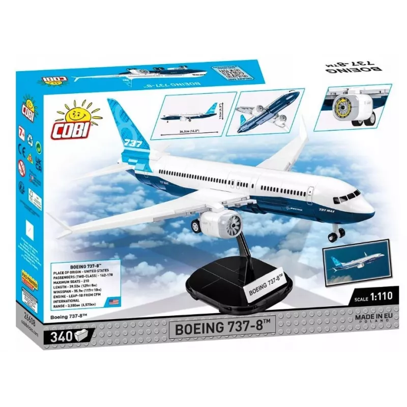 Σετ κατασκευής Cobi Boeing 737-8 — 340 τεμάχια, συνιστώμενη ηλικία 7+, μπλε και λευκό