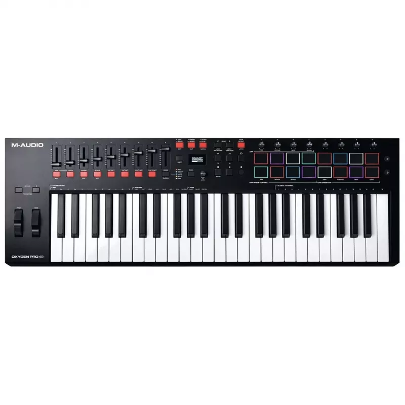 M-Audio Oxygen Pro 49 Πληκτρολόγιο MIDI controller — 49 πλήκτρα, 16 pads, 9 faders, οθόνη OLED, USB, MIDI-Out