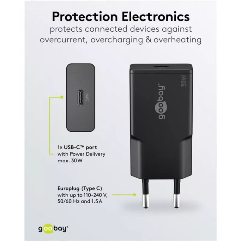 Goobay USB-C™ PD GaN γρήγορος φορτιστής λεπτός (30 W) μαύρο