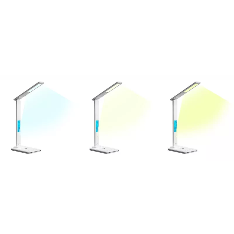 Media-Tech MT222 Leditou φωτιστικό γραφείου LED με ασύρματο φορτιστή Qi 15 W, ρολόι, ξυπνητήρι, θερμόμετρο, λευκό