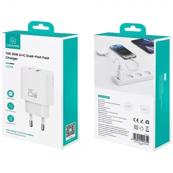Φορτιστής usams USA001630 25W, 1× USB-A + 1× USB-A, γρήγορη φόρτιση