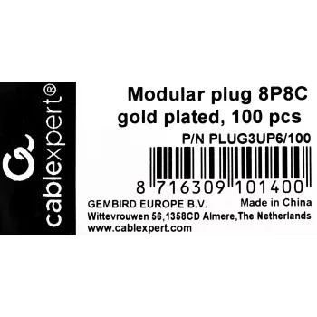 Βύσμα RJ45 GEMBIRD PLUG3UP6/100, Cat5, ίσιο βύσμα, διαφανές, επιχρυσωμένες επαφές, συσκευασία 100 τεμ.