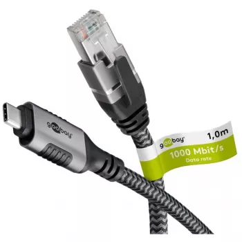 Wentronic goobay - καλώδιο δικτύου - 24 Pin USB-C (M) σε RJ-45 (M) - 1,0 m - 6 mm - FTP - CAT 6 - USB 3.1 - πλεκτό καλώδιο - μαύρο, ασημί (70696)