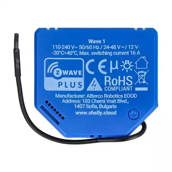 Έξυπνο ρελέ Shelly Qubino Wave 1, 1 καναλιού, χωνευτό, Z-Wave, 16 A, 110–240 V AC / 24–48 V DC, πλαστικό, μπλε