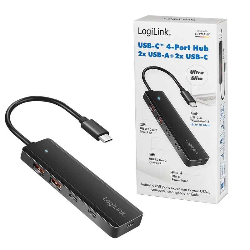 Hub USB-C, 4 θύρες 2x USB-A, 2x USB-C, Μαύρο