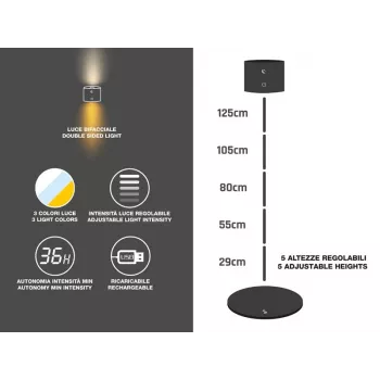 Beper P201UTP306 επαναφορτιζόμενο φωτιστικό LED με ρυθμιζόμενο ύψος, δαπέδου και επιτοίχιο, 2,3 W, με ρύθμιση φωτεινότητας, μαύρο