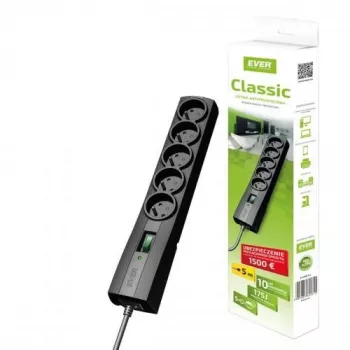EVER Classic T/LZ09-CLA030/0000 προστασία από υπερτάσεις, 5 πρίζες, 3 m, 250 V, προστασία για παιδιά, LED, μαύρο