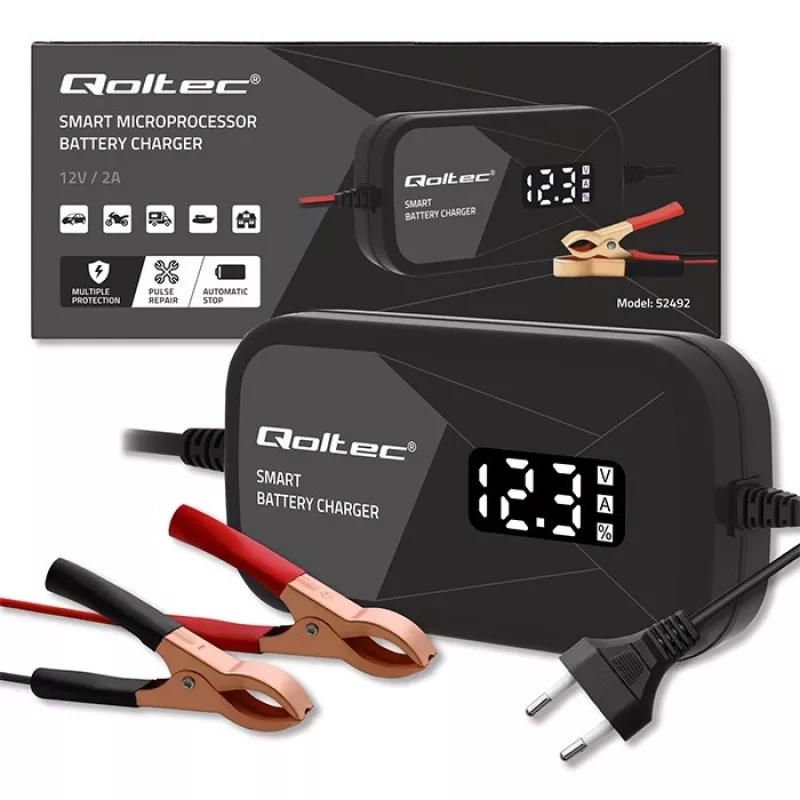 Φορτιστής μπαταρίας QOLTEC 52492 12V 2A με μικροεπεξεργαστή και αναγέννηση κυψελών