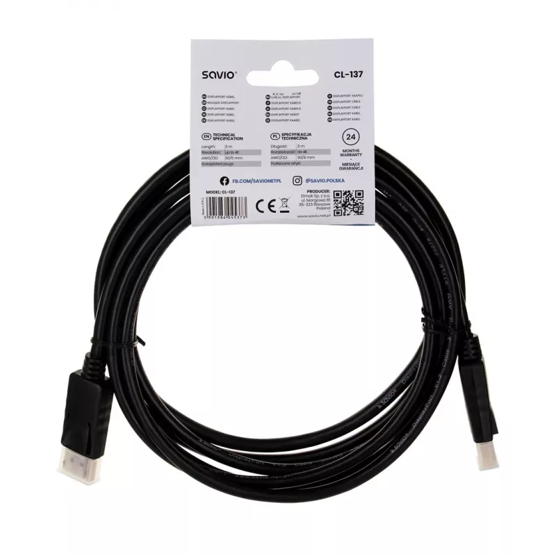 Savio CL-137 Καλώδιο DisplayPort 3 m Μαύρο