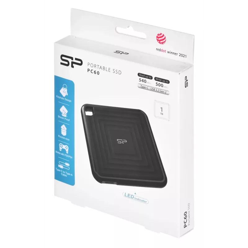 SILICON POWER PC60 - SSD - 1TB - εξωτερικός (φορητός) - USB 3,2 Gen 2 - 256-Bit-AES - Μαύρο (SP010TBPSDPC60CK)