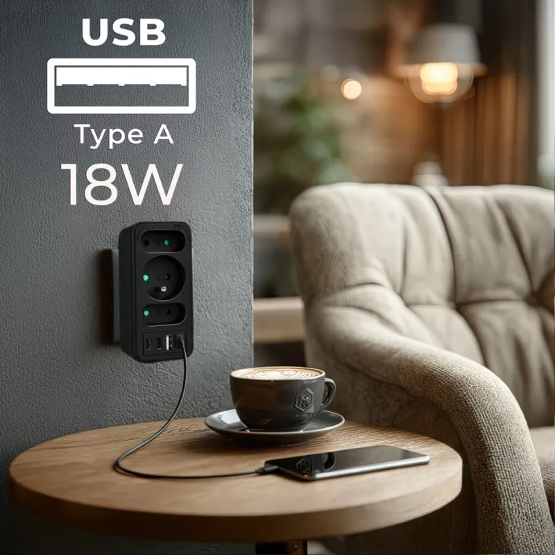Πολύπριζο MACLEAN MCE248 F/B — 3 πρίζες AC (1x16A, 2x6A) και 4 θύρες USB (2xUSB‑A, 2xUSB‑C PD 20W), βύσμα EU, μαύρο