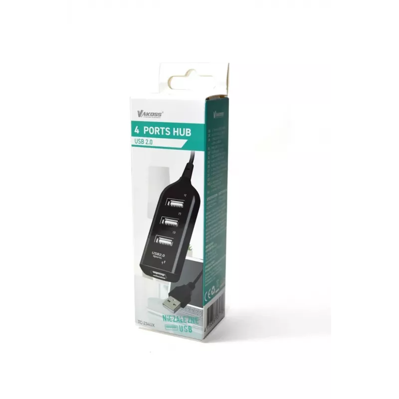 VAKOSS USB Hub TC-234UX — Hub USB 2.0 4 θυρών, τροφοδοσία DC (5 V, 1 A), μαύρο