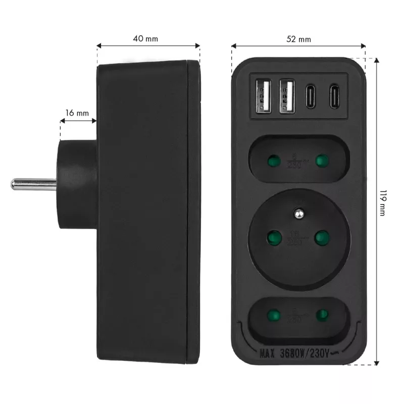 Πολύπριζο MACLEAN MCE248 F/B — 3 πρίζες AC (1x16A, 2x6A) και 4 θύρες USB (2xUSB‑A, 2xUSB‑C PD 20W), βύσμα EU, μαύρο