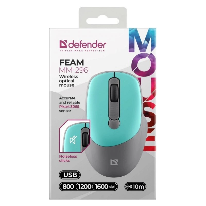 Defender Feam MM-296 52294 ασύρματο ποντίκι, αθόρυβο κλικ, οπτικό, 1600 DPI, USB, μέντα