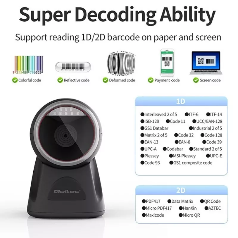 Qoltec Επιτραπέζιος αναγνώστης barcode για κωδικούς 1D και 2D, Σαρωτής QR, Μαύρο
