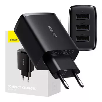Baseus συμπαγής ταχυφορτιστής, 3x USB, 17 W (μαύρο)
