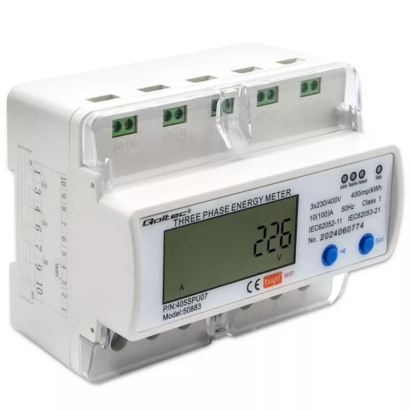 Τριφασικός μετρητής ενέργειας QOLTEC 50883 Wi‑Fi 400V με οθόνη LCD