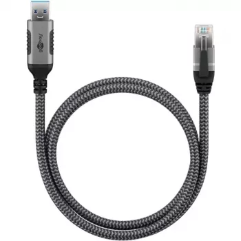 Καλώδιο Ethernet USB-A 3.2 Gen1 βύσμα αρσενικό > βύσμα αρσενικό RJ-45, adapter LAN μαύρο/ασημί, 3 μέτρα, πλεκτό περίβλημα υφάσματος
