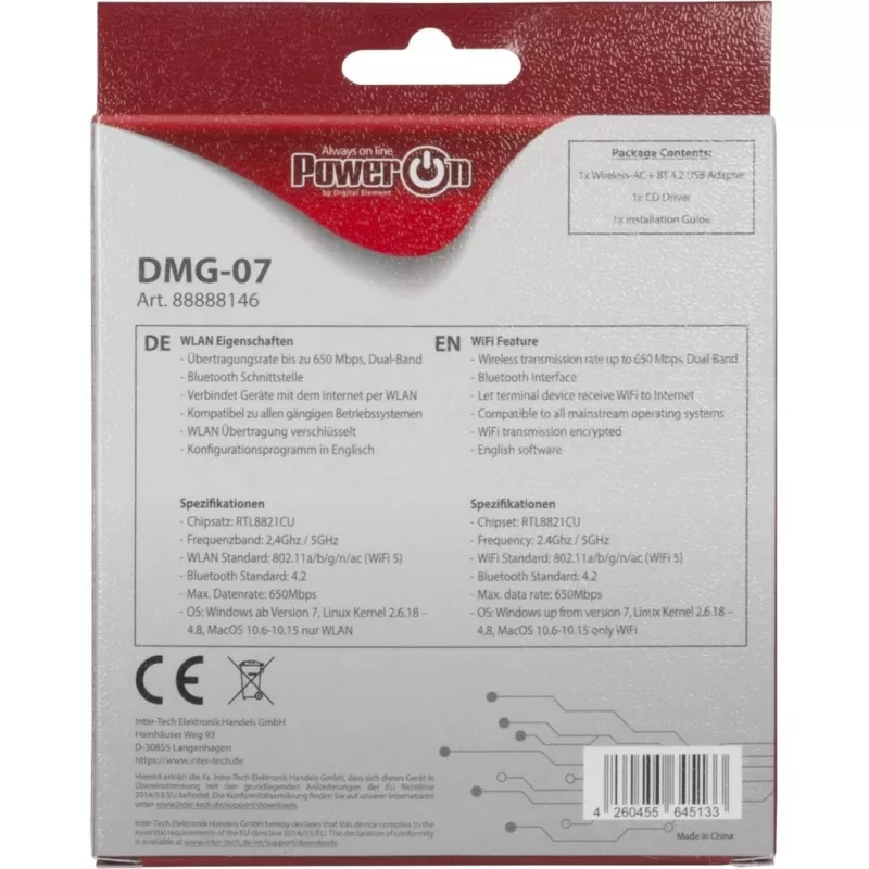 Inter-Tech DMG-07 – Ασύρματο – USB – WLAN / Bluetooth – Wi-Fi 5 (802.11ac) – 650 Mbit/s – μαύρο (88888146)