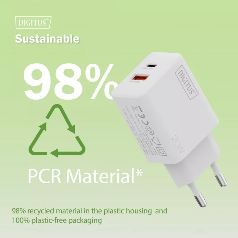 Φορτιστής AC USB DIGITUS 20W, 1x USB-C, 1x USB-A, είσοδος 100–240V, λευκό