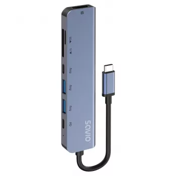 USB Type-C Hub SAVIO AK-82 με HDMI, MicroSD, USB 3.2 Gen1, PD-Durchgang, 4K@30Hz, 5000 Mbit/s, μαύρο