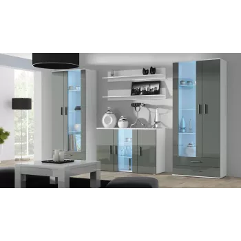 Sideboard cama meble SOHO S7, 120 cm, λευκό/γκρι γυαλιστερό, 3 πόρτες, 4 ράφια