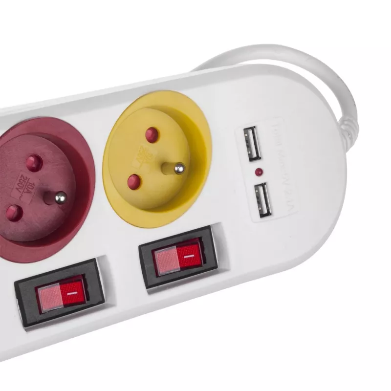 Πολύπριζο MACLEAN MCE229W — 4 πρίζες, 2× USB, καλώδιο 1,5 m, Τύπος F, 10 A, λευκό