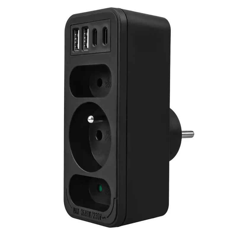 Πολύπριζο MACLEAN MCE248 F/B — 3 πρίζες AC (1x16A, 2x6A) και 4 θύρες USB (2xUSB‑A, 2xUSB‑C PD 20W), βύσμα EU, μαύρο