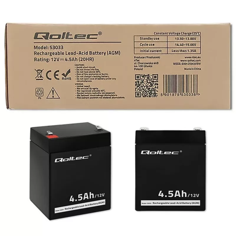 Qoltec 53033 μπαταρία AGM 12 V 4,5 Ah, μέγ. 1,35 A, χωρίς συντήρηση