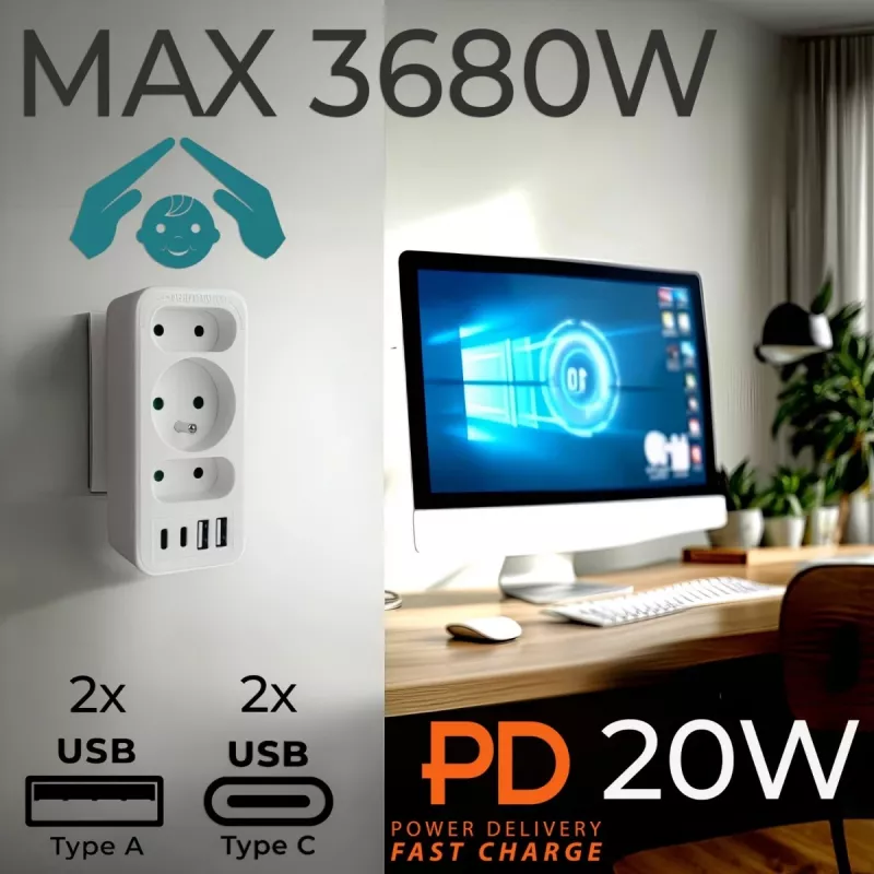 Πολύπριζο MACLEAN MCE248 F/W — 3 πρίζες AC (1×16A, 2×6A) + 4×USB (2×A, 2×C PD 20W), βύσμα EU, λευκό
