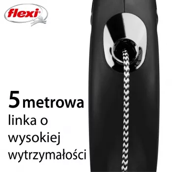 Αυτόματο λουρί Flexi Classic 5 m μαύρο για μεσαίου μεγέθους σκύλους, κορδόνι, μέγιστο φορτίο 20 kg, αντανακλαστικά στοιχεία