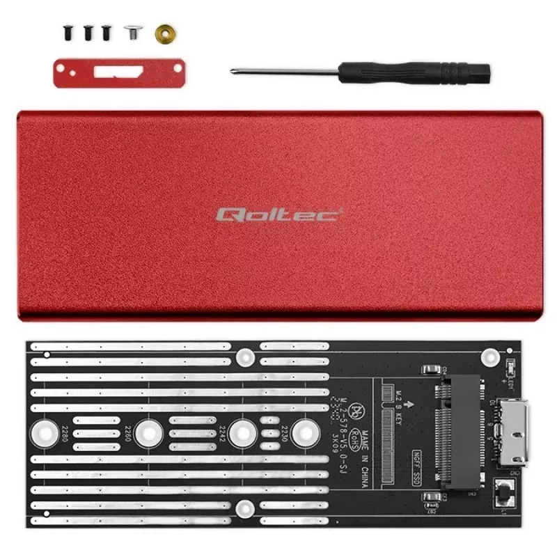 Θήκη SSD QOLTEC 51831 USB 3.0 για δίσκους M.2 SATA έως 2 TB, κόκκινη, υποστηρίζει μήκος 30 mm, έως 4 δίσκους