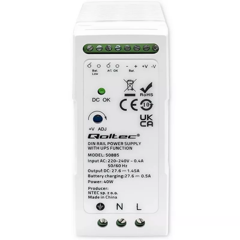 Qoltec 50885 σταθερό τροφοδοτικό ράγας DIN με λειτουργία UPS | 40W