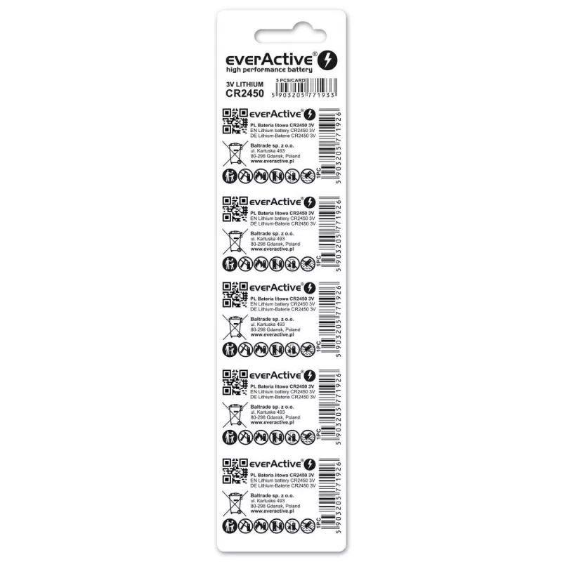 Μπαταρία λιθίου κουμπί everActive CR2450, 3 V, ύψος 5 mm — συσκευασία 5 τεμ.