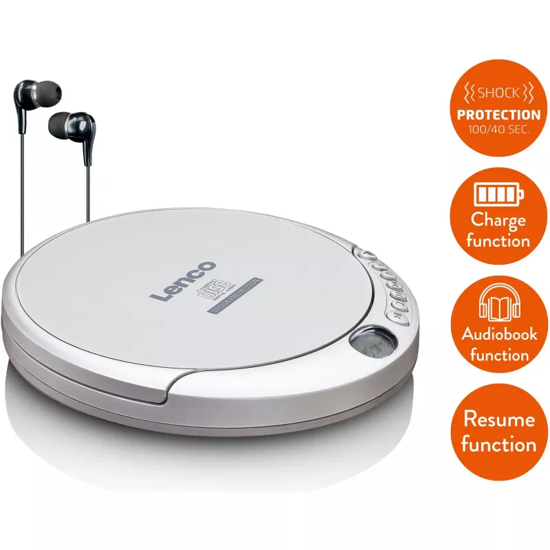 Lenco CD-201SI Φορητό CD player με λειτουργία audiobook και φόρτισης, ασημί