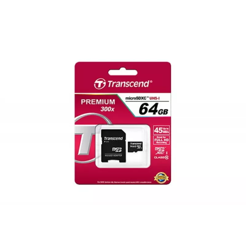 Μνήμη Flash Transcend 64GB MicroSDXC Class 10 με αντάπτορα