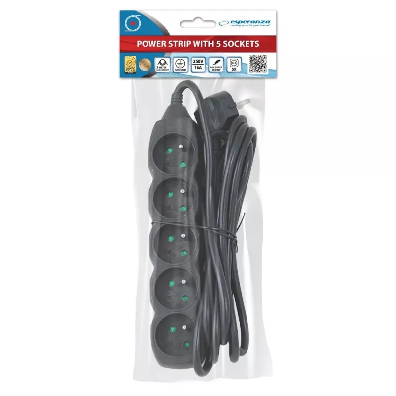 Πολύπριζο ESPERANZA ELK208K — 5 πρίζες, καλώδιο 3 m, μαύρο