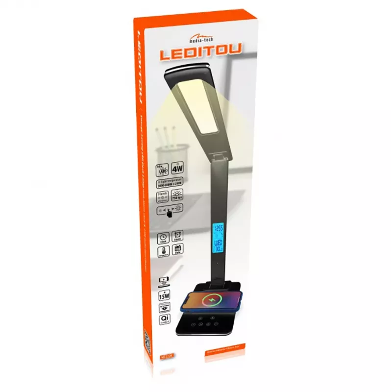 Media-Tech MT222K Leditou φωτιστικό γραφείου LED, 4 W, ασύρματος φορτιστής Qi, ρολόι, μαύρο