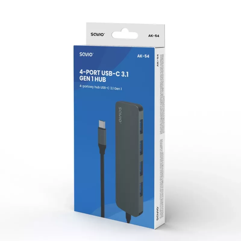 USB Hub SAVIO AK-54 — 4 x USB-A (USB 3.2 Gen 1), USB-C host, μαύρο