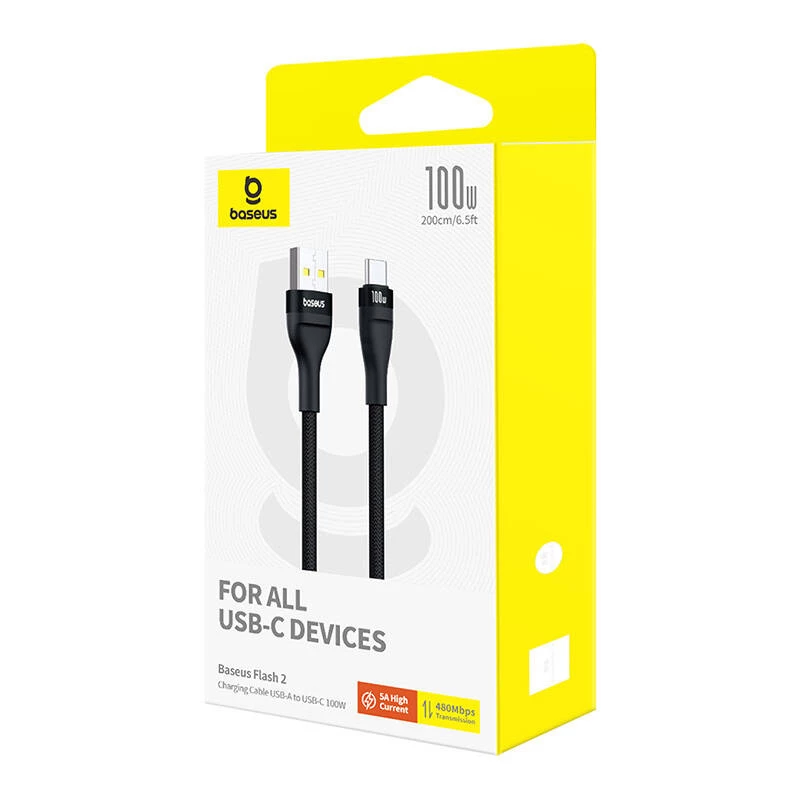 Baseus Flash 2 καλώδιο γρήγορης φόρτισης USB A σε USB C 2 m 100 W μαύρο