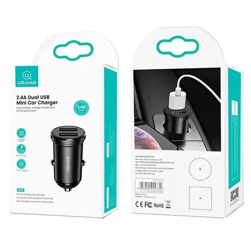 Φορτιστής αυτοκινήτου usams USA000867 — Dual USB 2×2,4A, μαύρο