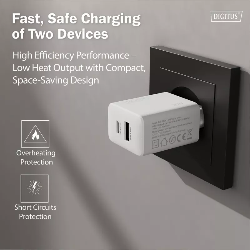Φορτιστής AC USB DIGITUS 20W, 1x USB-C, 1x USB-A, είσοδος 100–240V, λευκό