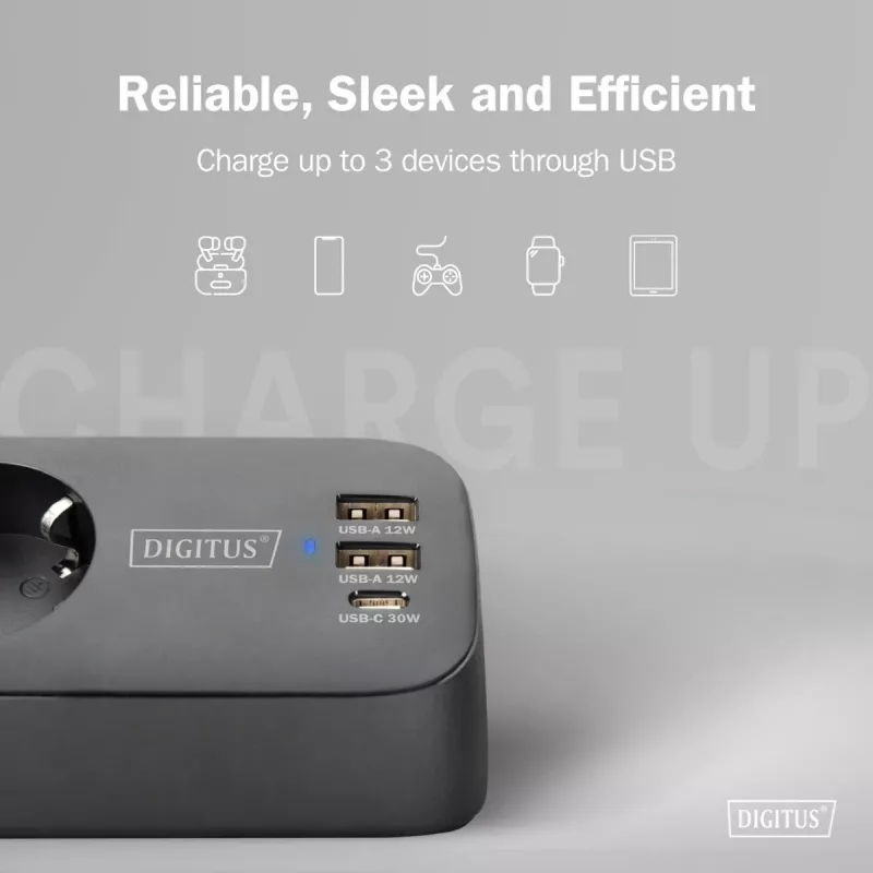 Πολύπριζο DIGITUS 3 θέσεων με 2×USB-A & 1×USB-C, 3 υποδοχές AC Τύπου E/F, καλώδιο 1,5 m, μαύρο