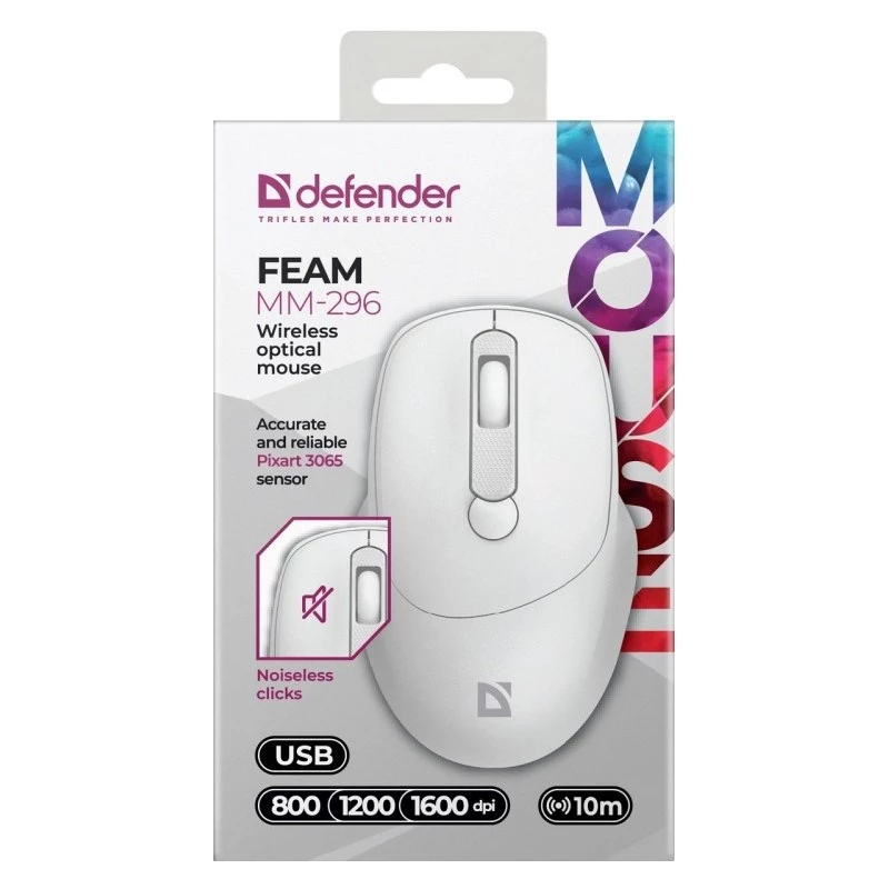 Defender Feam MM-296 52297 ασύρματο ποντίκι, αθόρυβο κλικ, οπτικό, 1600 DPI, USB, λευκό