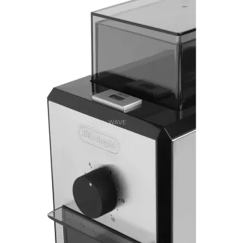 Μύλος καφέ De’Longhi KG89 — χωρητικότητα κόκκων 120 g, 110 W, 12 φλιτζάνια, θήκη ανοξείδωτου ατσαλιού-πλαστικού