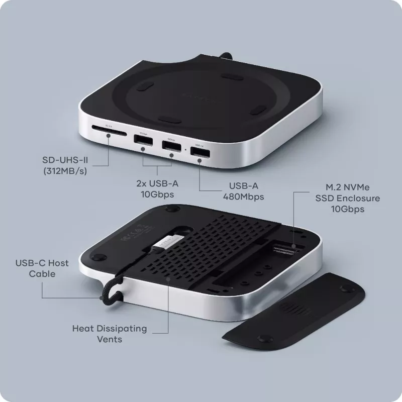 Satechi Laptop-Dock/Port-Replikator ST-GNMMES — ενσύρματο USB 3.2 Gen 2 Type-C Hub, USB-A & SD, ασημί