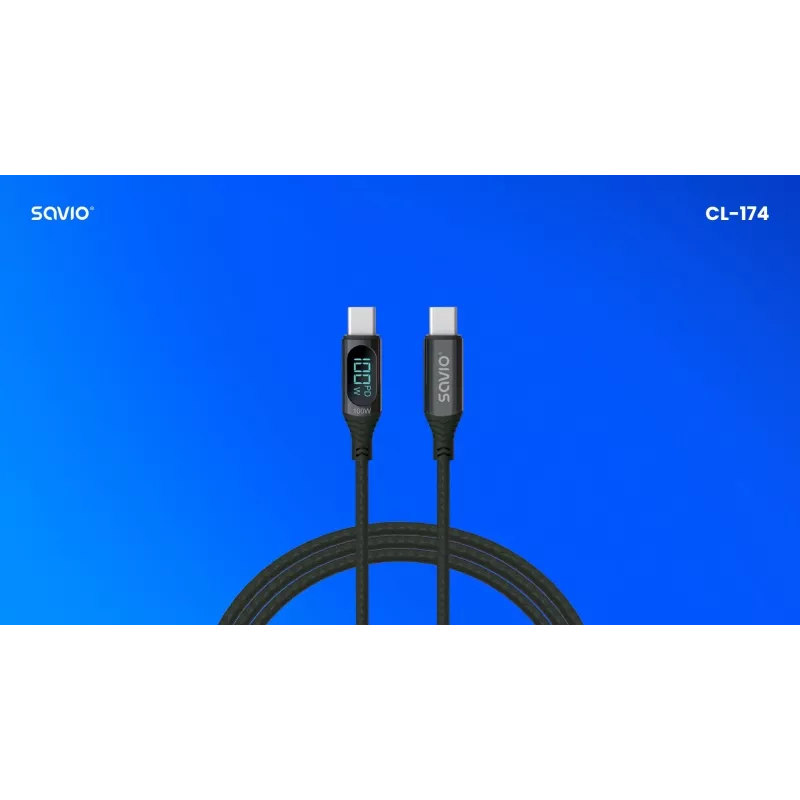 Savio CL-174 καλώδιο USB-C σε USB-C, 100 W, Power Delivery/Quick Charge, ψηφιακή οθόνη, 1 μ., πράσινο